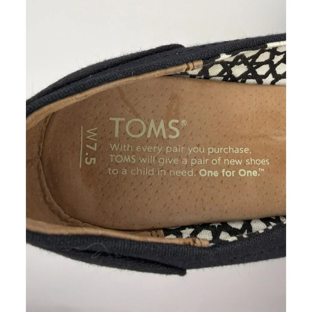 TOMS Womens 7.5 Black Canvas Peep Toe Espadrille Wedge Heels Slip On Shoes